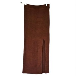 Womens Long Brown Ribbed Skirt with Side Slit